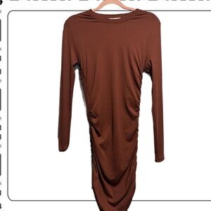 Long Sleeve Ruched Bodycon Dress - Brown